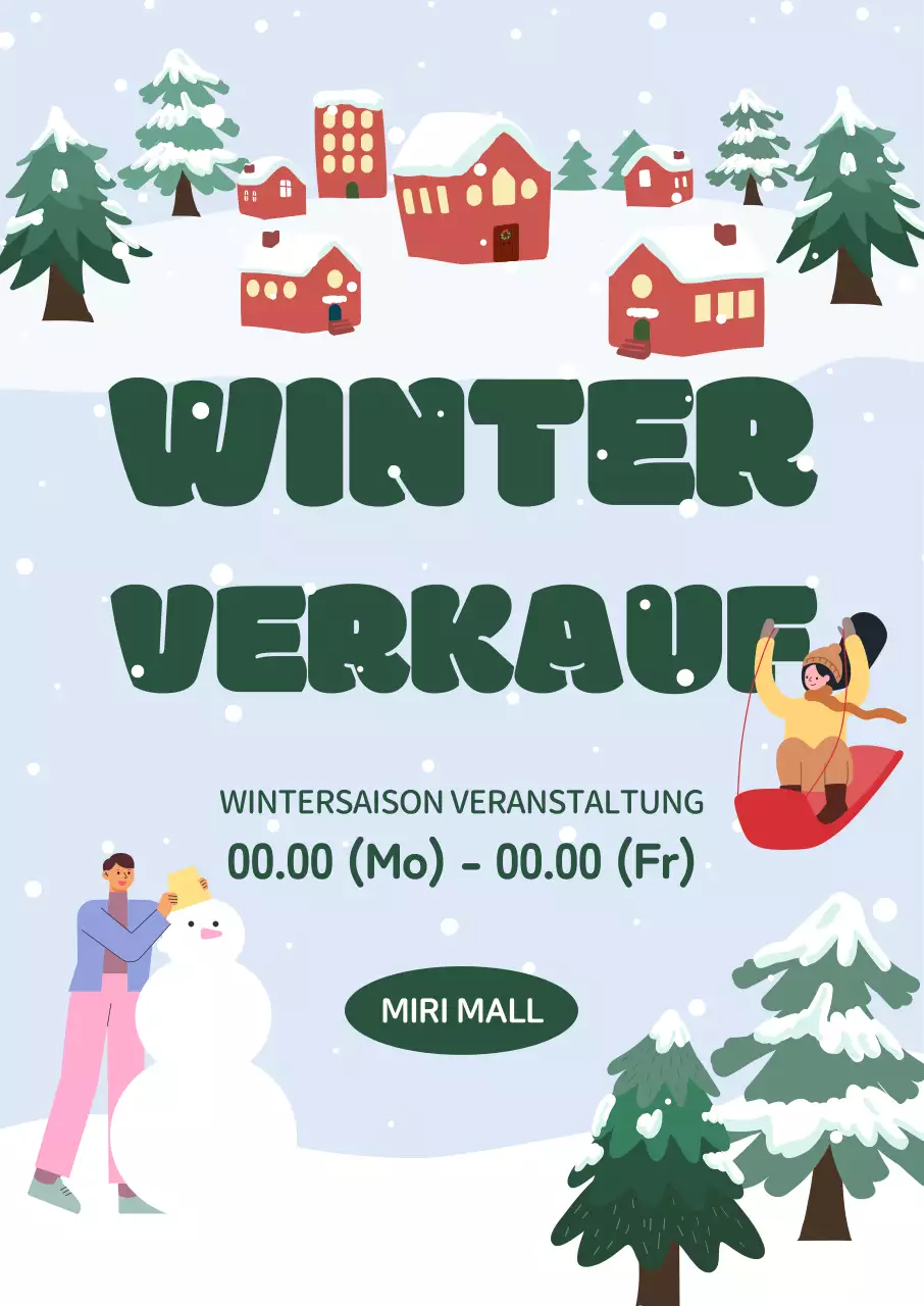 Ein Winterverkauf mit einem verschneiten Dorf, Schneeschlitten und Schneemännern in einer niedlichen Winterillustration.