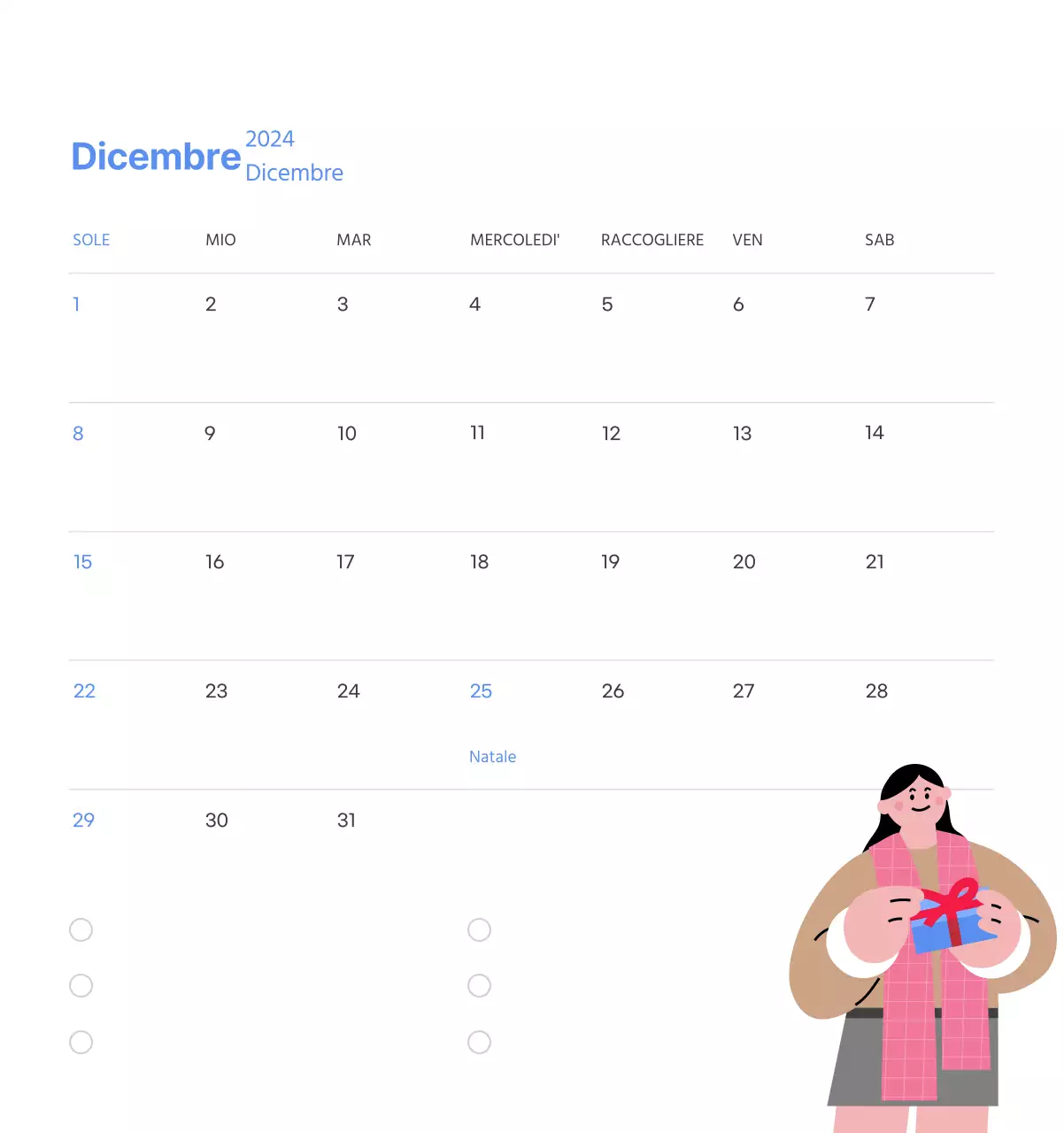 Calendario motivazionale con illustrazioni energetiche e citazioni positive su sfondo azzurro