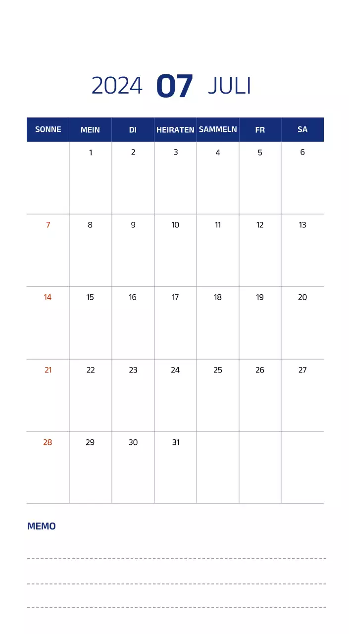 Einfacher Kalender mit klaren Illustrationen in Blau