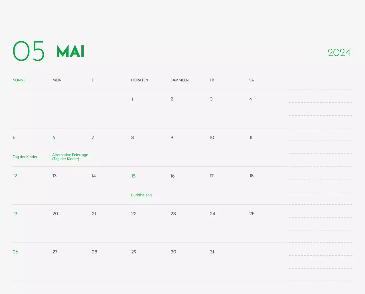 Ein Kalender mit einem Bild eines Welpen und einer niedlichen Botschaft in grünen Akzenten