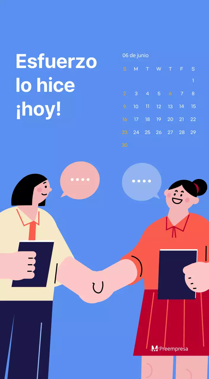 Calendario motivacional con ilustraciones llenas de energía y citas positivas sobre fondo azul claro