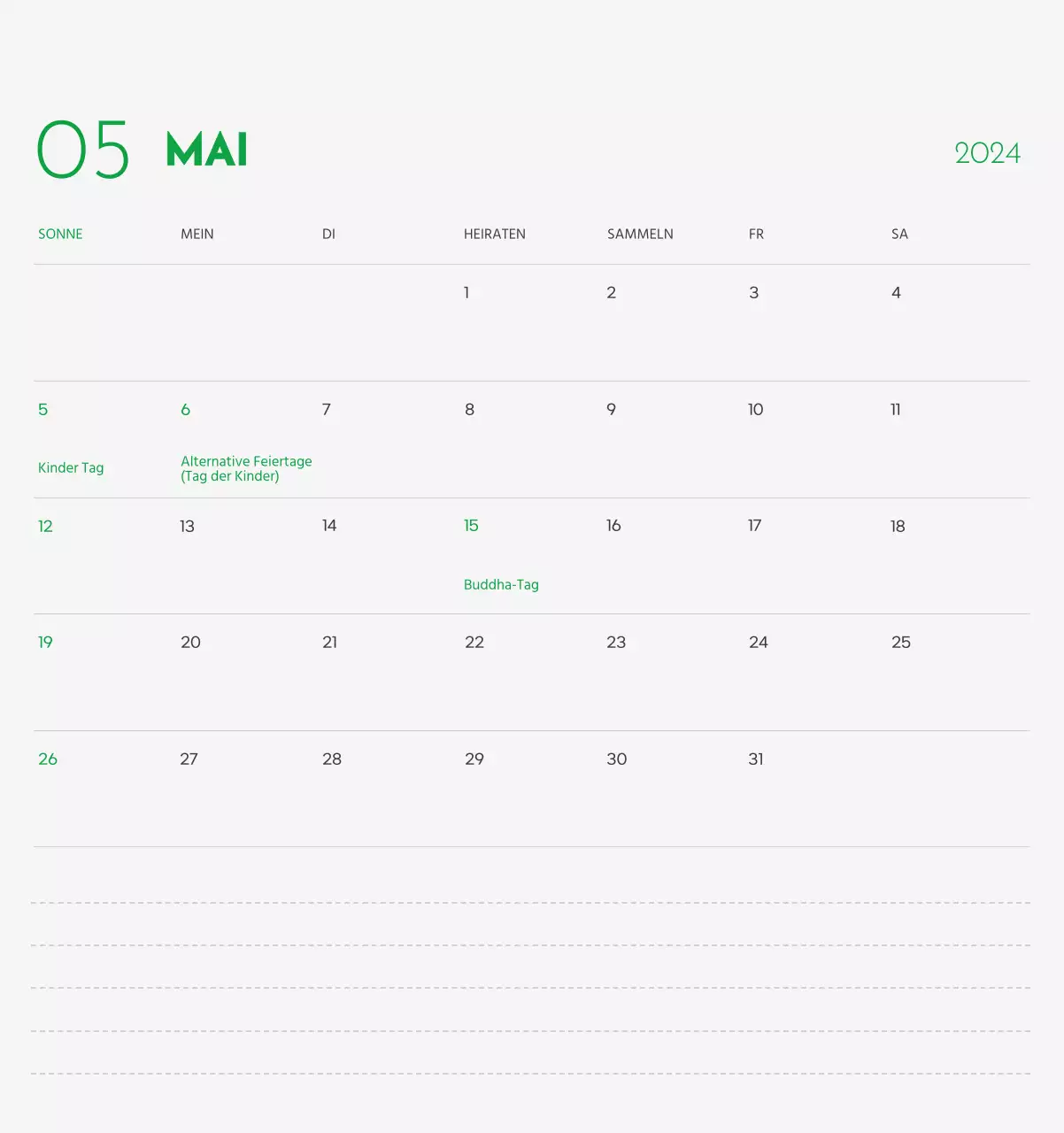 Ein Kalender mit dem Bild eines Welpen und einer niedlichen Botschaft in grünen Akzenten