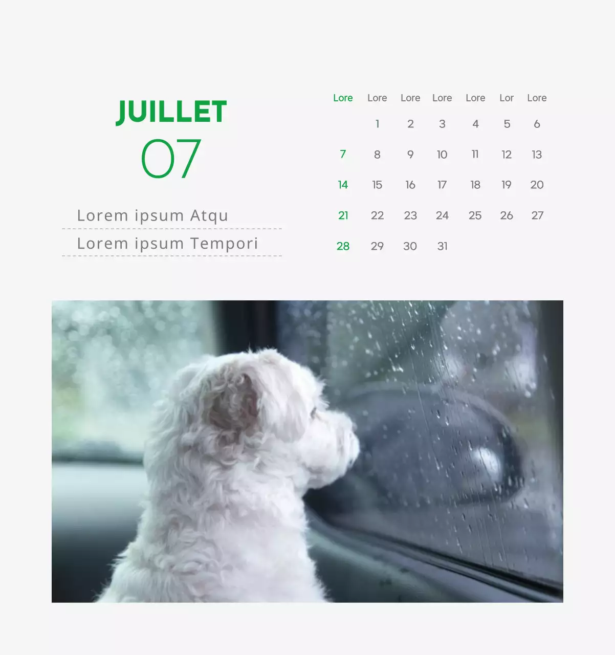 Un calendrier avec la photo d'un chiot et un message mignon aux accents verts.