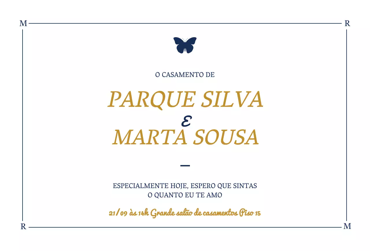Convite de casamento de design elegante com ilustrações de borboletas em branco e azul-marinho