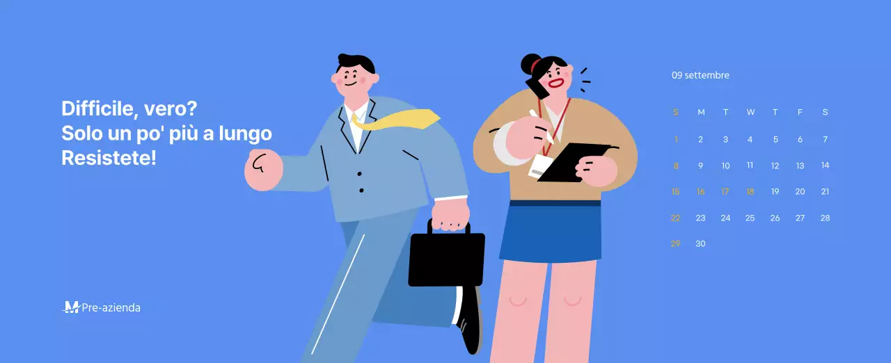 Calendario motivazionale con illustrazioni energetiche e citazioni positive su sfondo azzurro