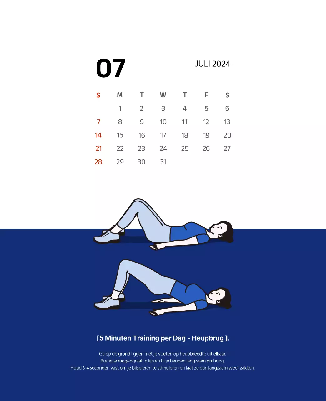 Eenvoudige kalender met strakke illustraties in blauw