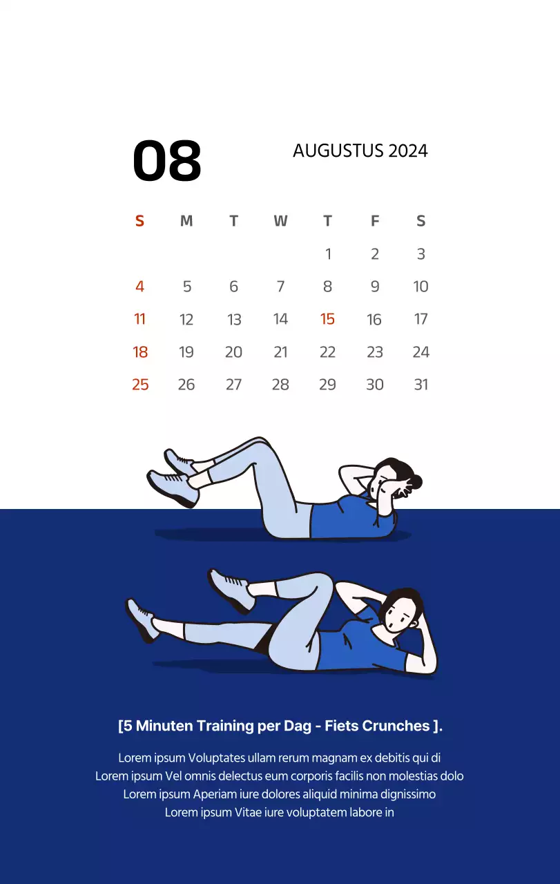 Eenvoudige kalender met strakke illustraties in blauw