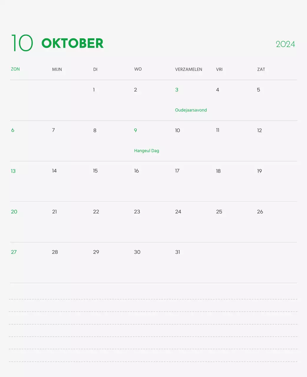 Een kalender met een afbeelding van een puppy en een schattige boodschap in groene accenten