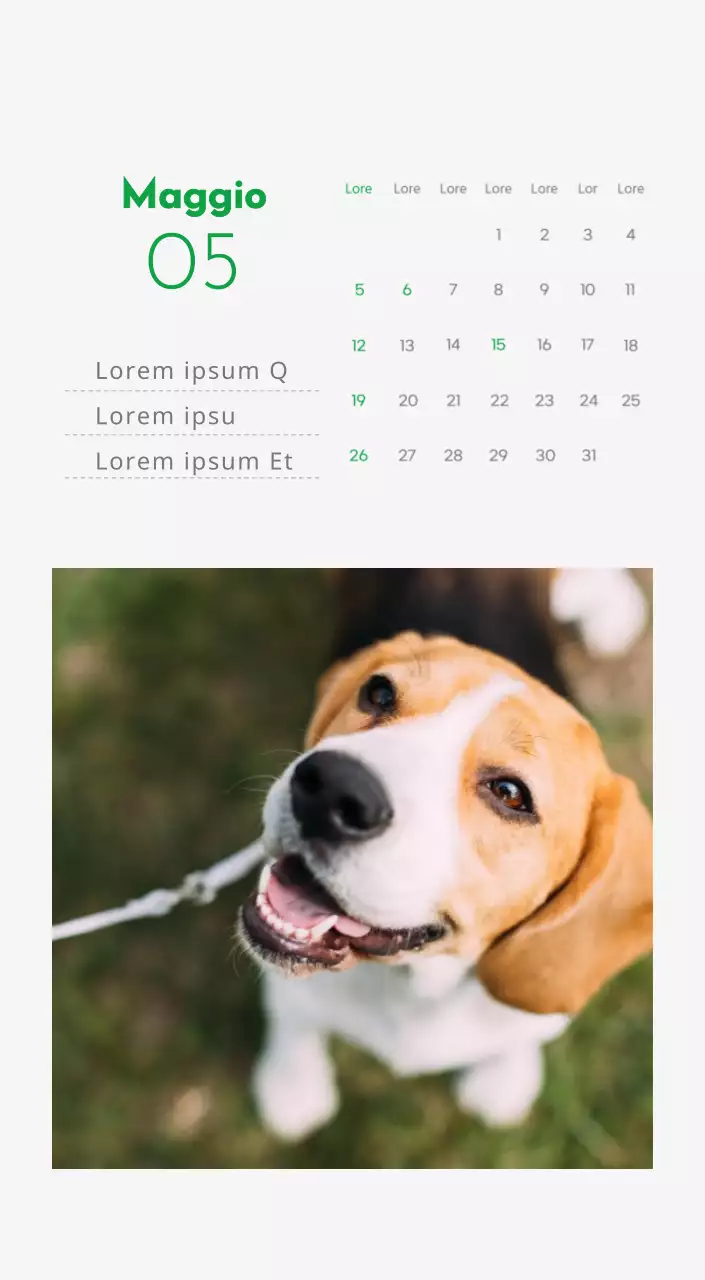 Un calendario con l'immagine di un cucciolo e un simpatico messaggio in verde.