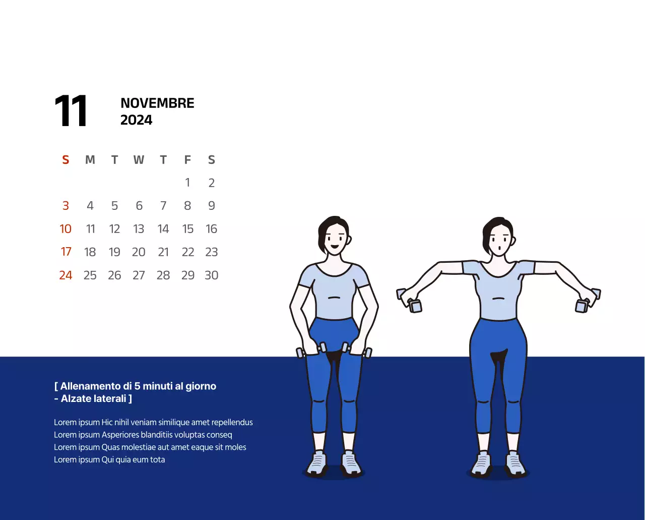 Calendario semplice con illustrazioni pulite in blu