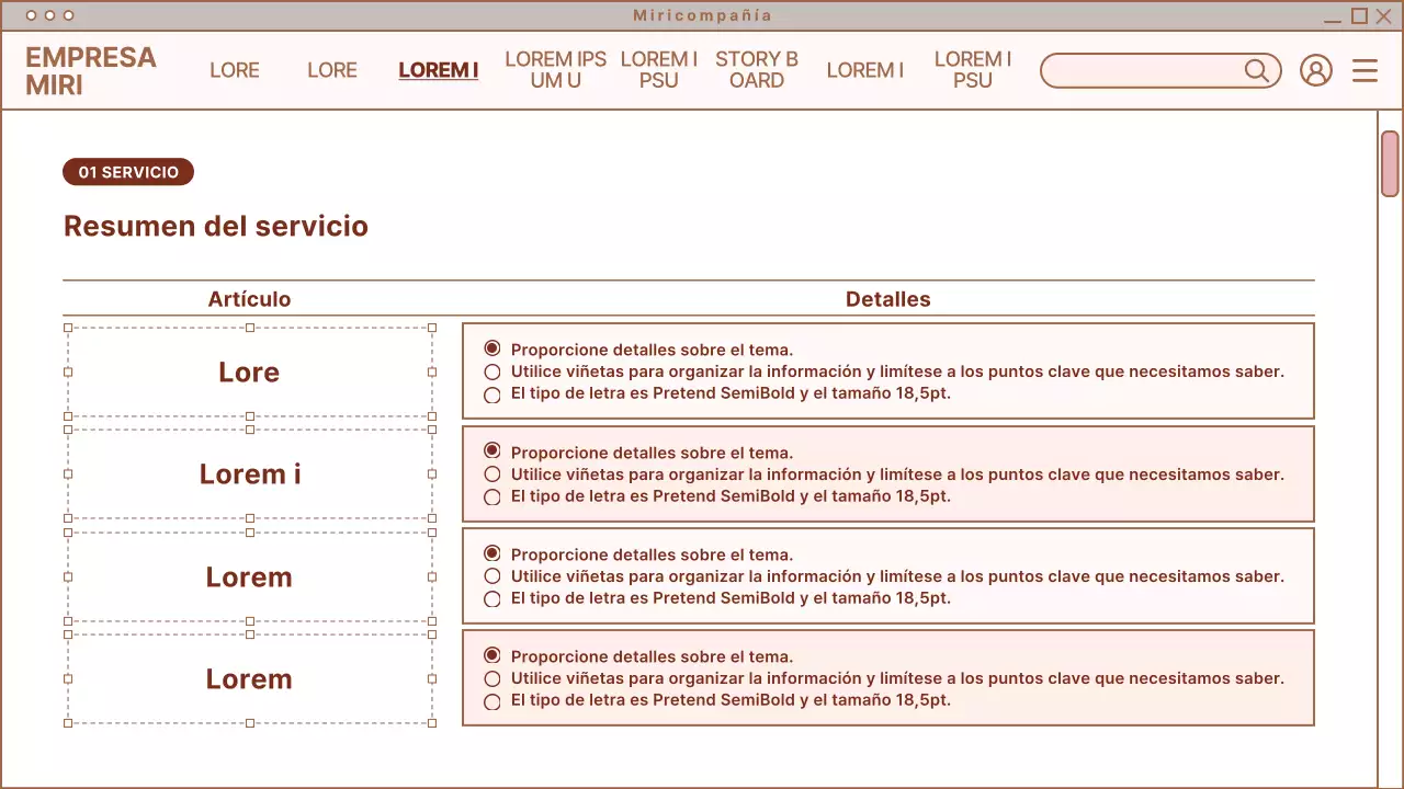 Resumen de diseño de página web sencilla en beige y blanco