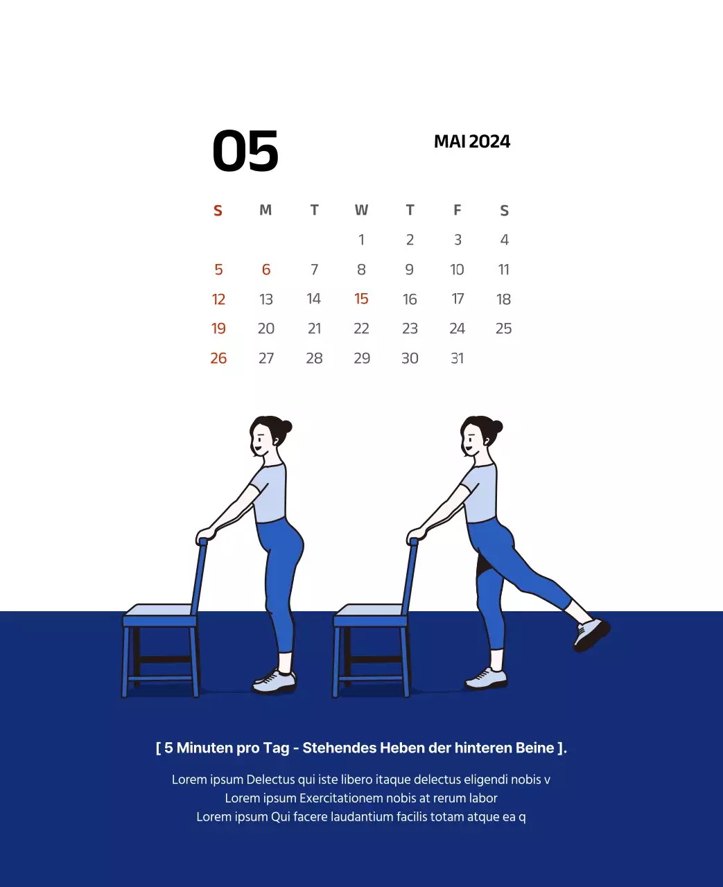 Einfacher Kalender mit klaren Illustrationen in Blau