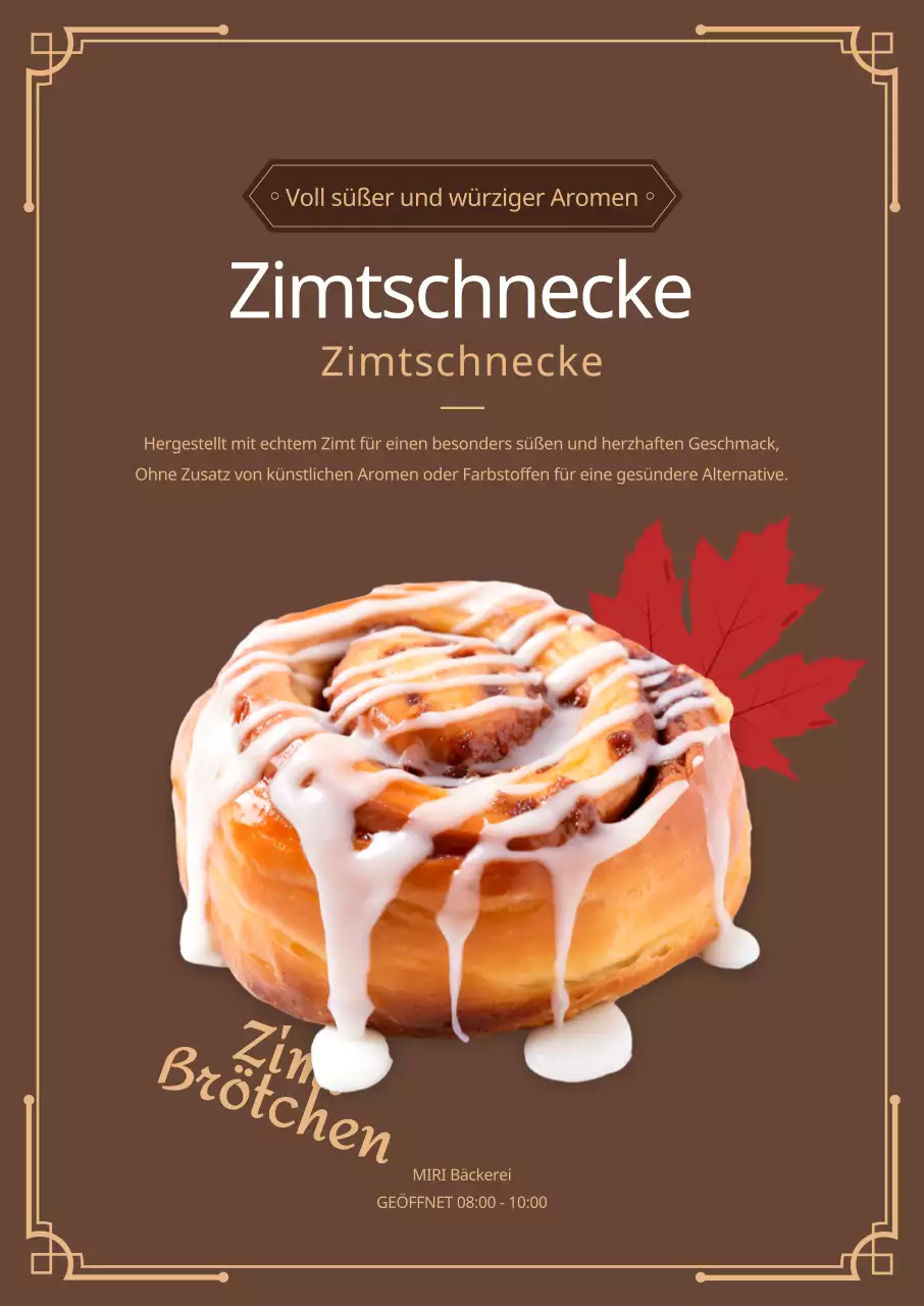 Werbung für eine Bäckerei mit Zimtrollen und fallenden Blättern auf braunem Hintergrund