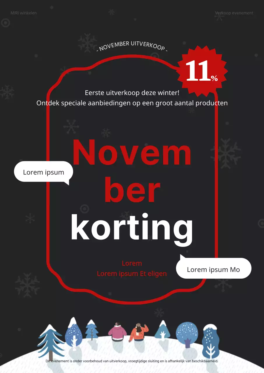 November uitverkoop evenement met rood contrast op een donkergrijze achtergrond winter illustratie