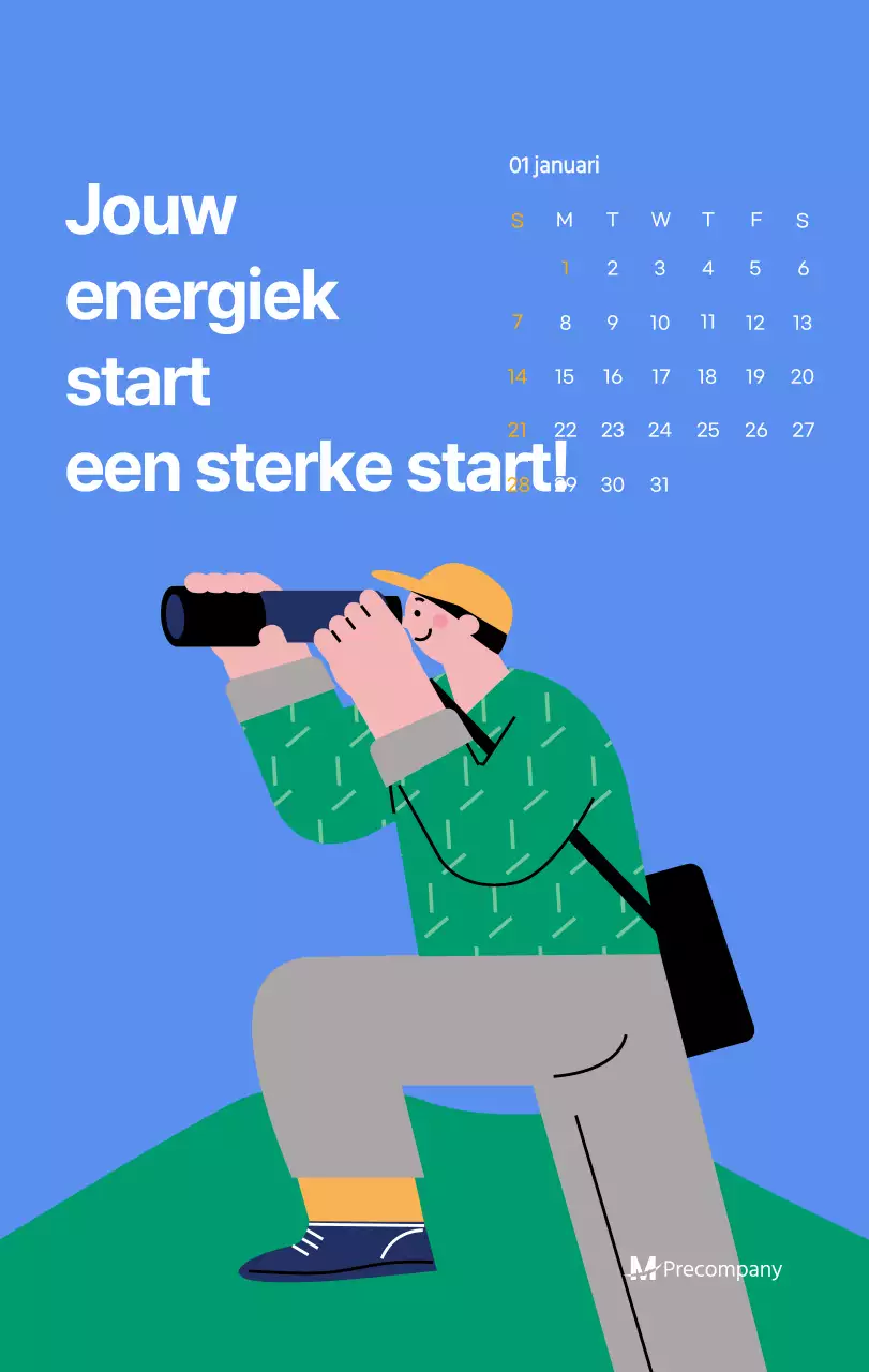 Motiverende kalender met energieke illustraties en positieve citaten op een lichtblauwe achtergrond