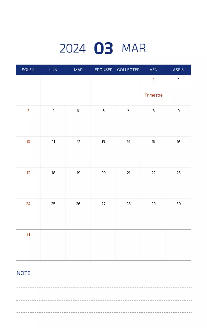 Calendrier simple avec des illustrations épurées en bleu