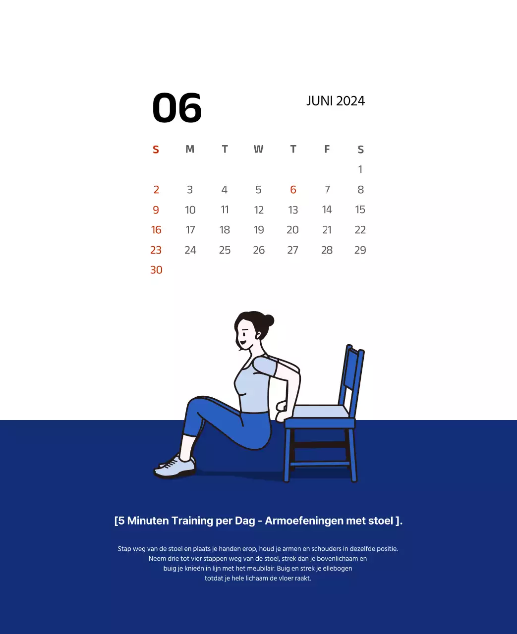 Eenvoudige kalender met strakke illustraties in blauw