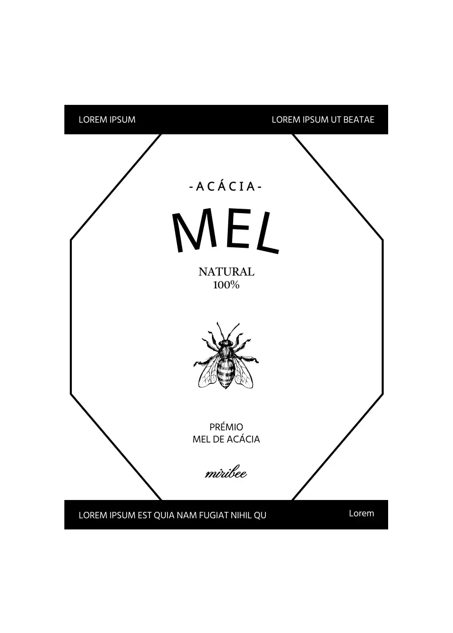 Rótulo de mel simples e vintage com ilustração de uma abelha a preto e branco