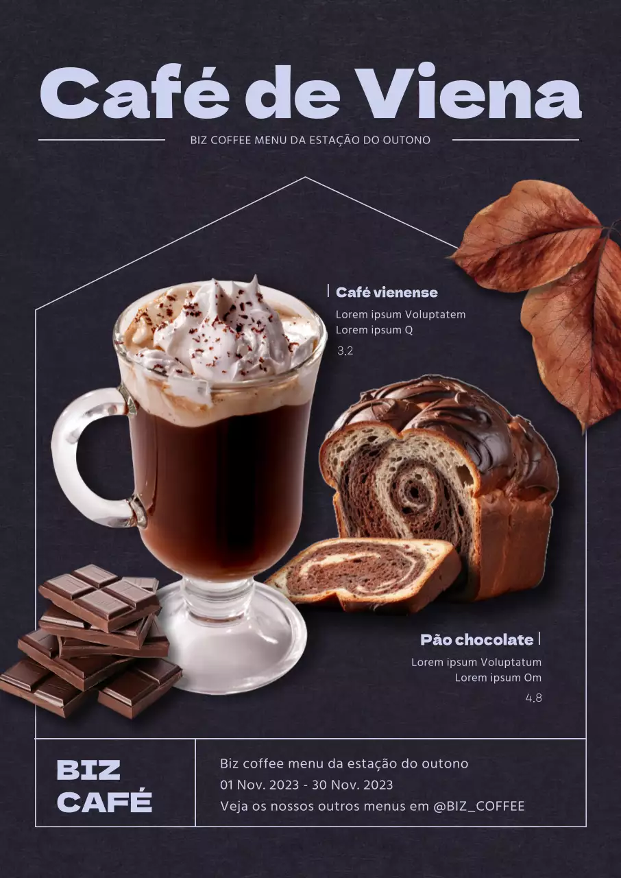 Promover bebidas de café com um fundo escuro e um toque outonal