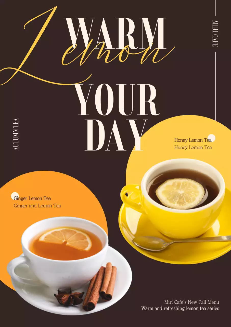 O menu do Café Lemon Tea apresenta uma disposição geométrica simples com cores outonais e um tipo de letra cursivo inglês sentimental.