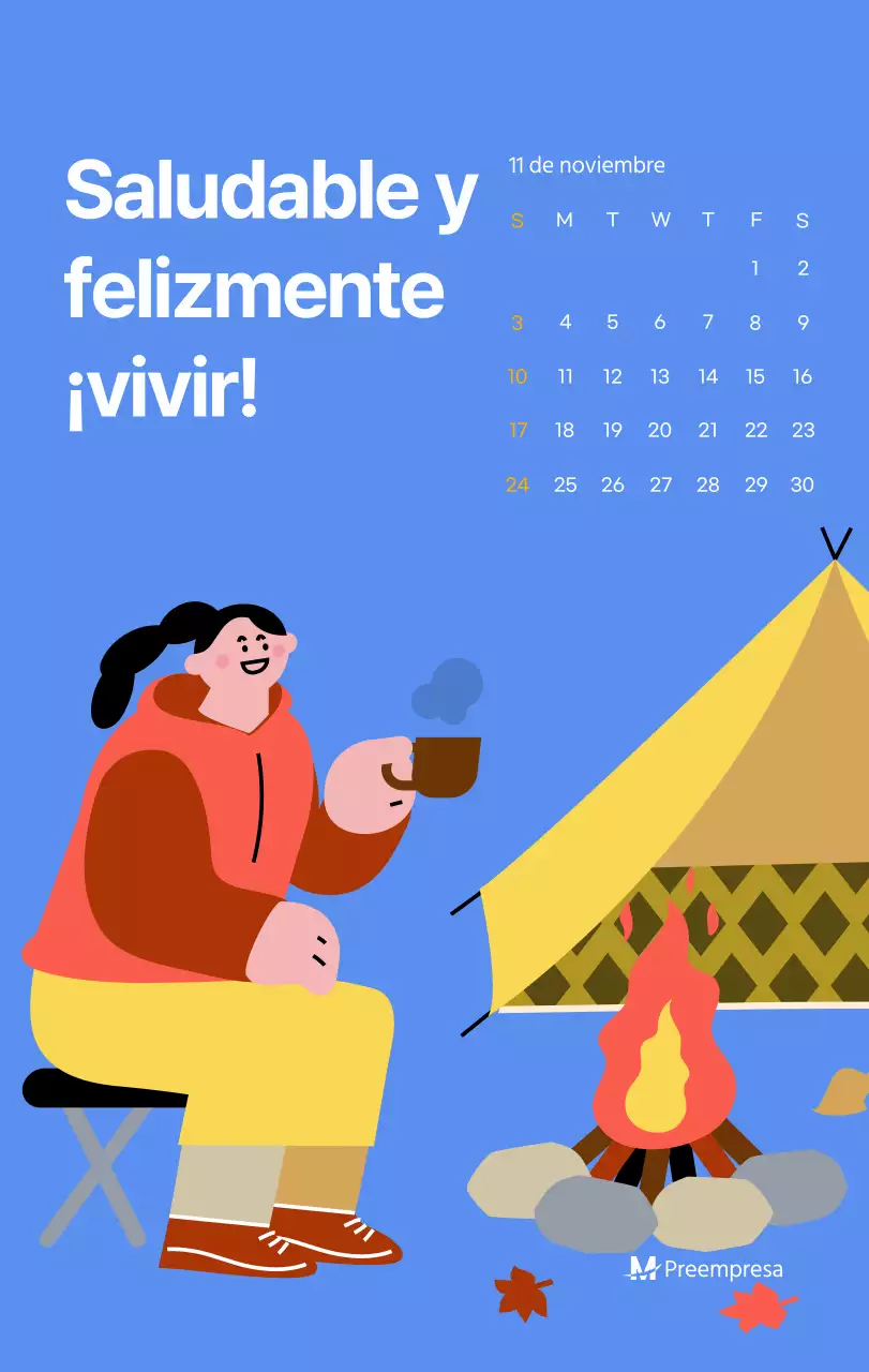 Calendario motivacional con ilustraciones llenas de energía y citas positivas sobre fondo azul claro