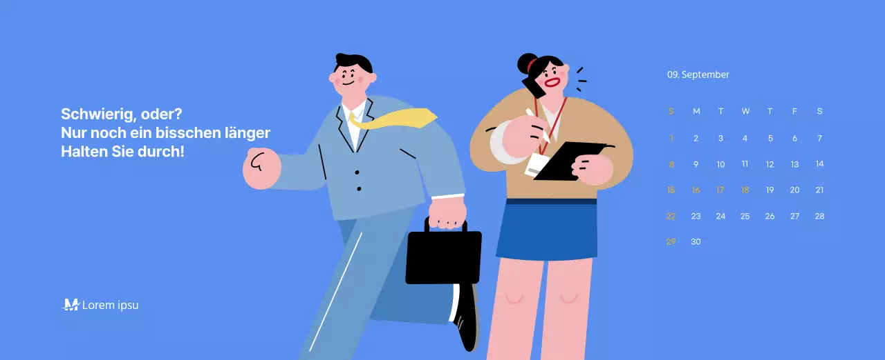 Motivationskalender mit energiegeladenen Illustrationen und positiven Zitaten auf hellblauem Hintergrund