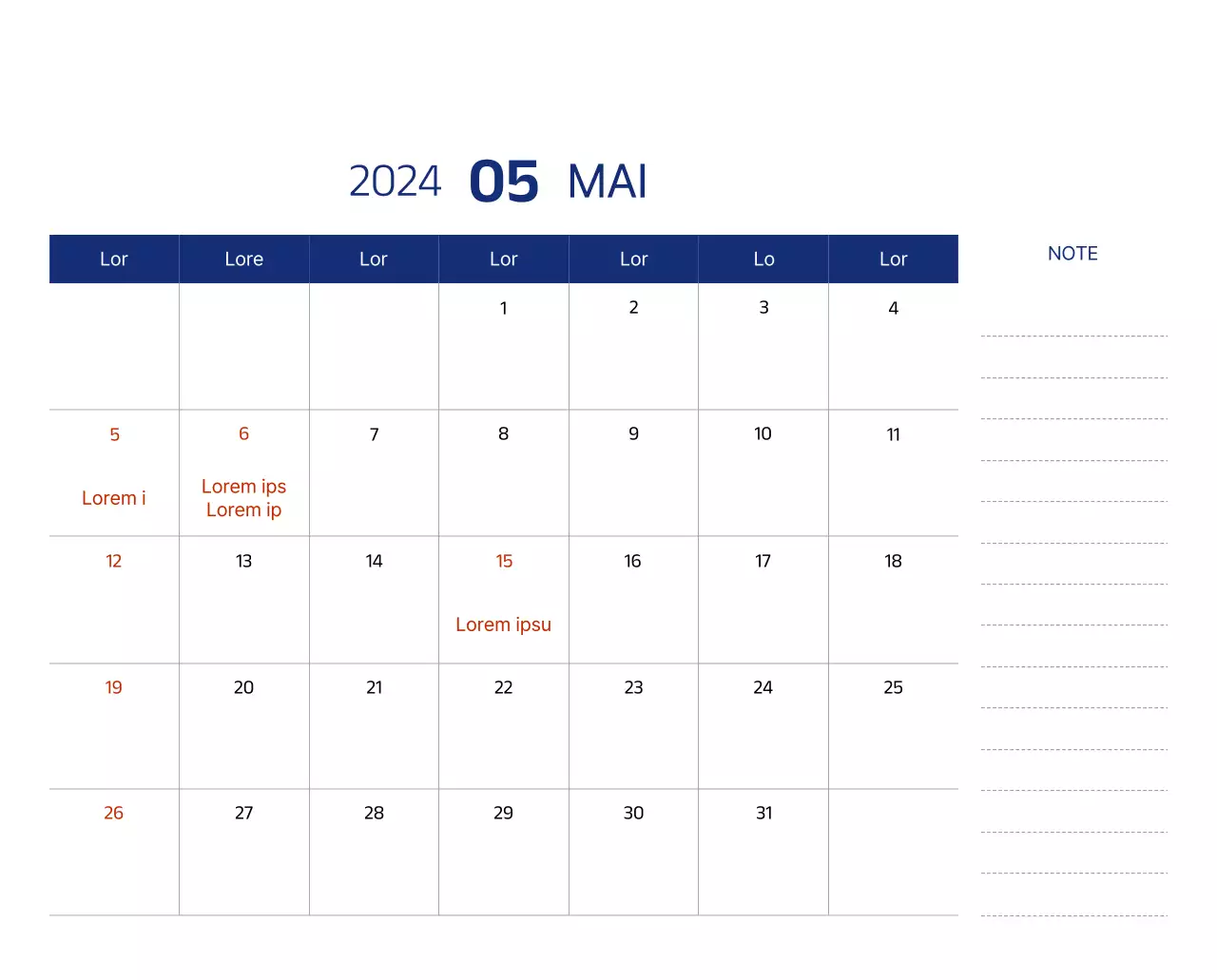 Calendrier simple avec des illustrations épurées en bleu