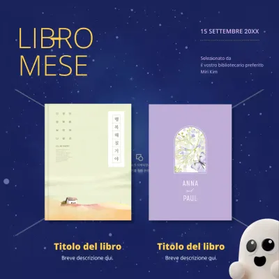 Annuncio minimalista di raccomandazione di libri in blu e malva