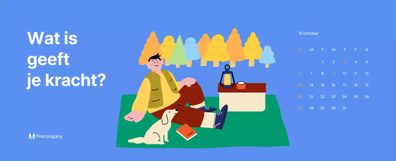 Motiverende kalender met energieke illustraties en positieve citaten op een lichtblauwe achtergrond