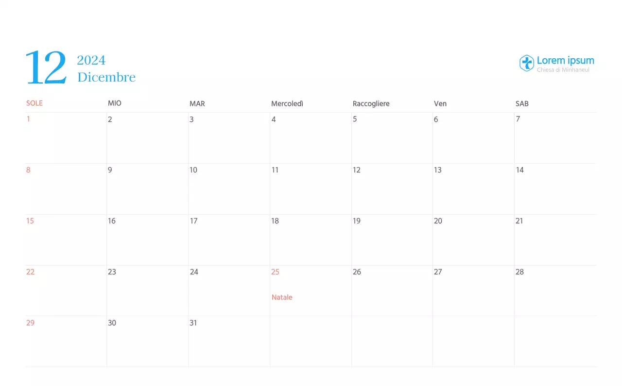 Calendario ecclesiastico blu di concezione moderna