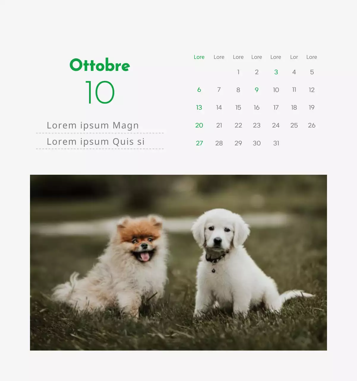 Un calendario con l'immagine di un cucciolo e un simpatico messaggio in verde.