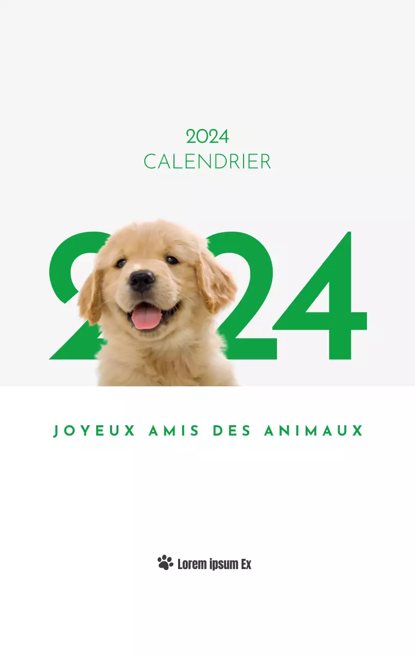 Un calendrier avec la photo d'un chiot et un message mignon aux accents verts.