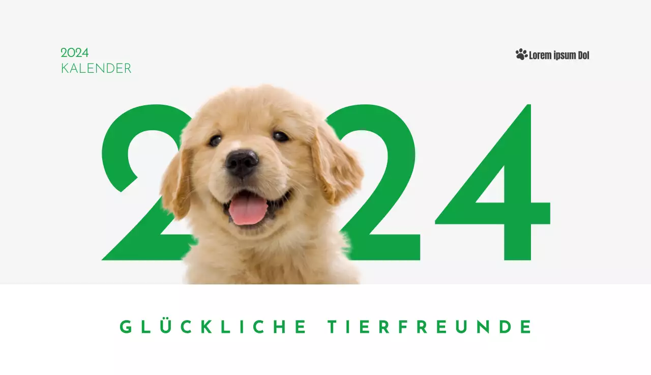 Ein Kalender mit einem Bild eines Welpen und einer niedlichen Botschaft in grünen Akzenten