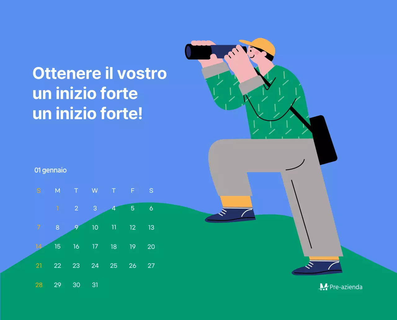 Calendario motivazionale con illustrazioni energetiche e citazioni positive su sfondo azzurro