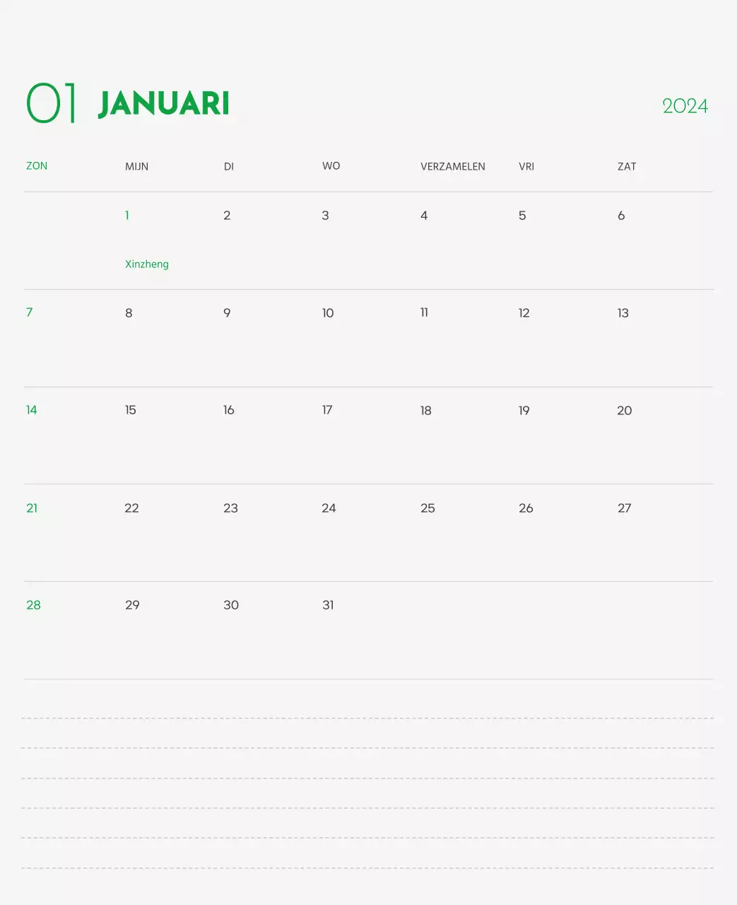 Een kalender met een afbeelding van een puppy en een schattige boodschap in groene accenten