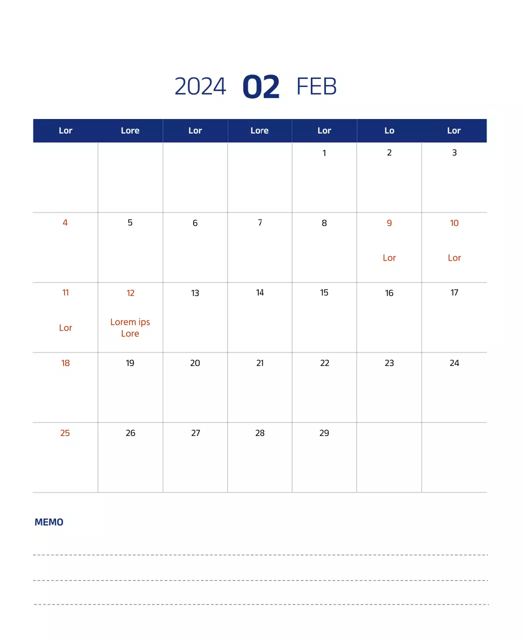 Einfacher Kalender mit klaren Illustrationen in Blau