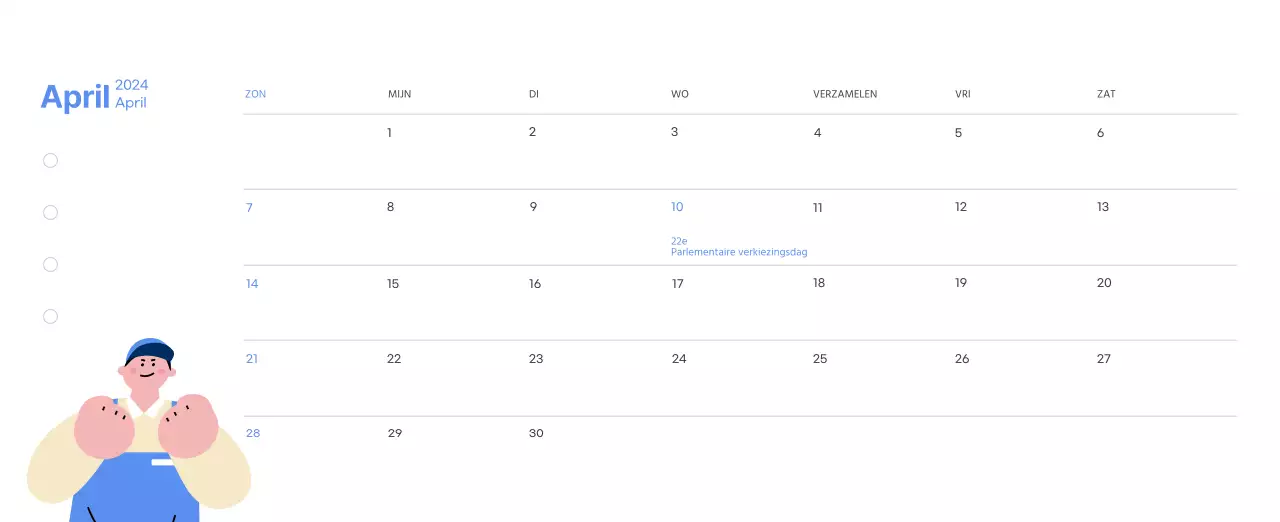Motiverende kalender met energieke illustraties en positieve citaten op een lichtblauwe achtergrond