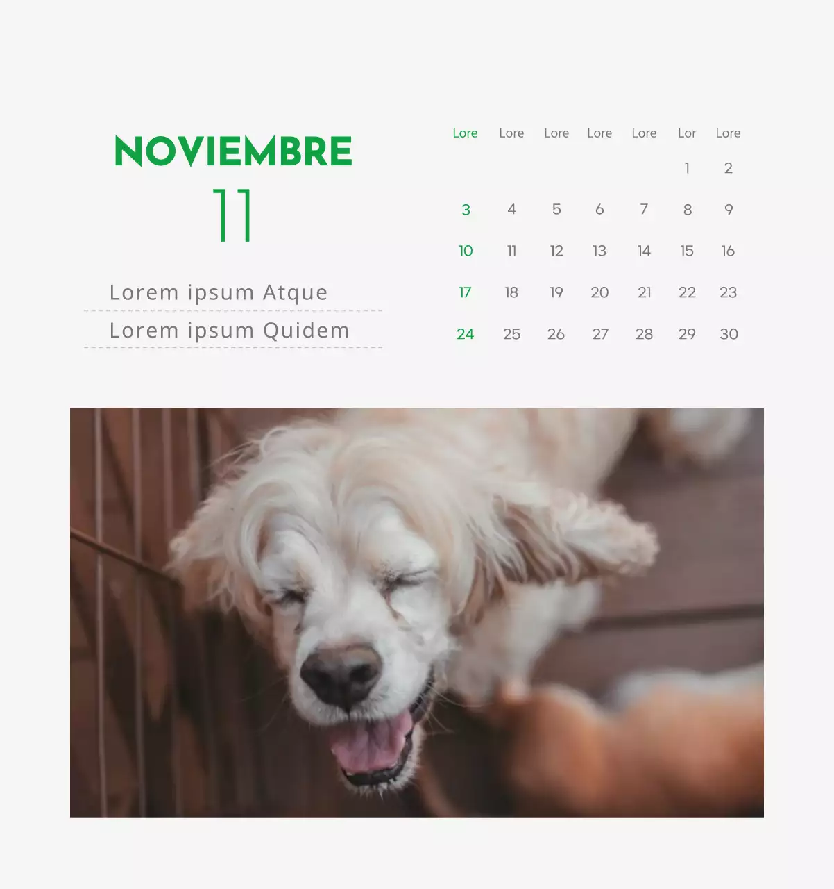 Un calendario con la imagen de un cachorro y un bonito mensaje en tonos verdes.