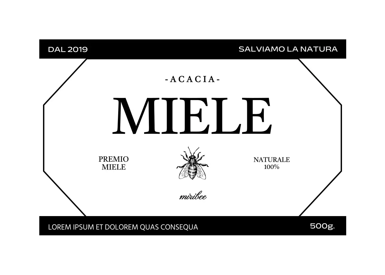 Etichetta di miele semplice e vintage con illustrazione di api in bianco e nero