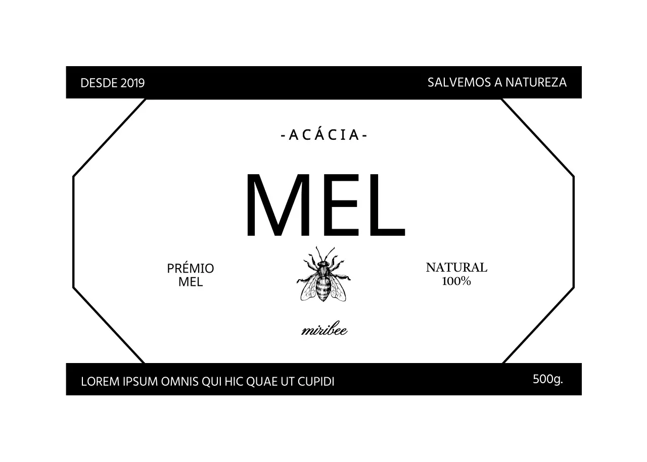 Rótulo de mel simples e vintage com ilustração de uma abelha a preto e branco