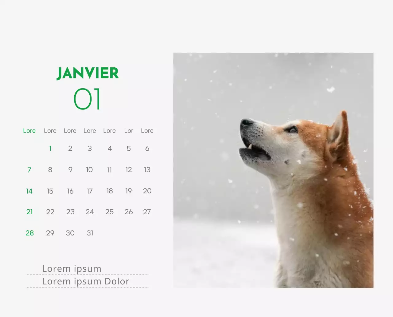 Un calendrier avec la photo d'un chiot et un message mignon aux accents verts.