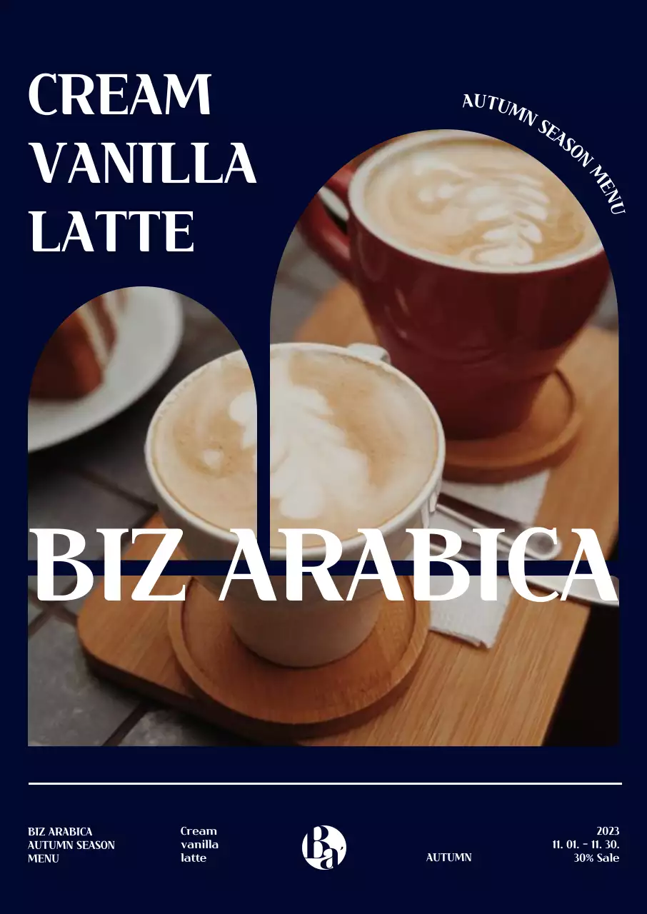 藍色の背景の分割フレームがコンセプトの秋のドリンク紹介