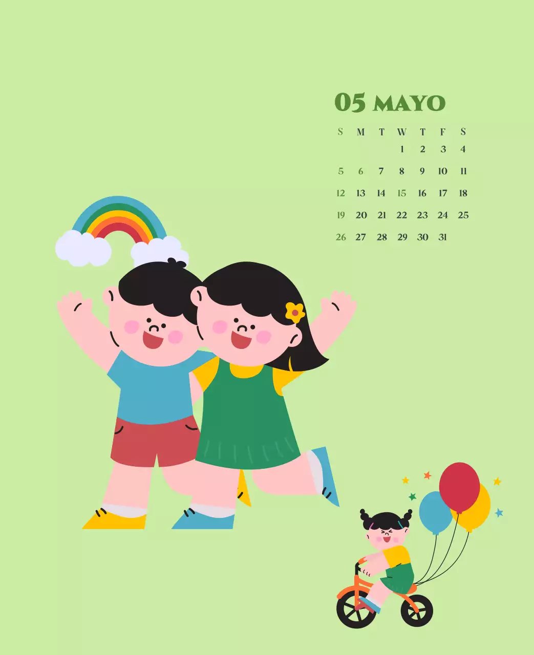 Calendario con ilustraciones juveniles sobre fondo amarillo y verde
