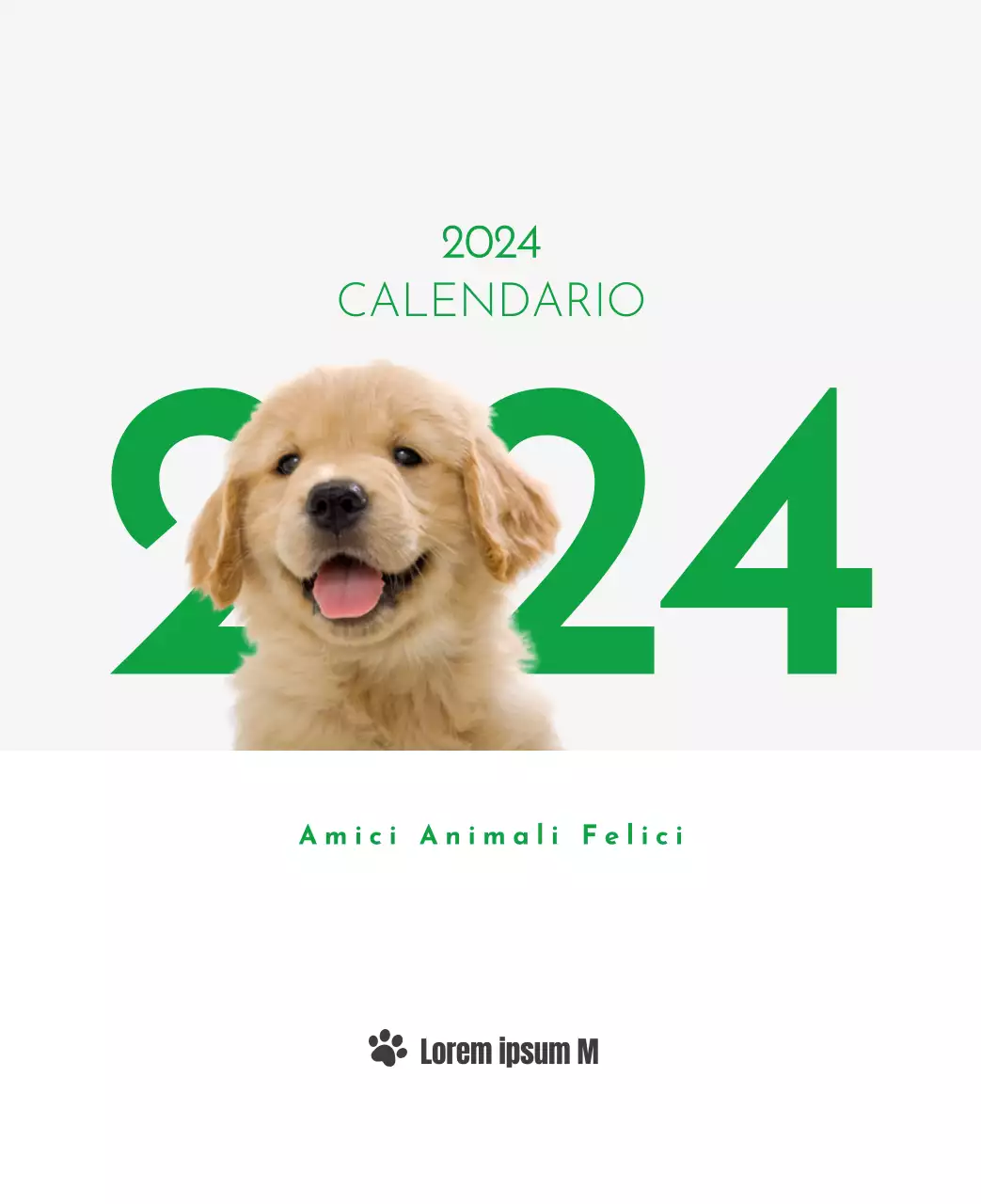 Un calendario con l'immagine di un cucciolo e un simpatico messaggio in verde.
