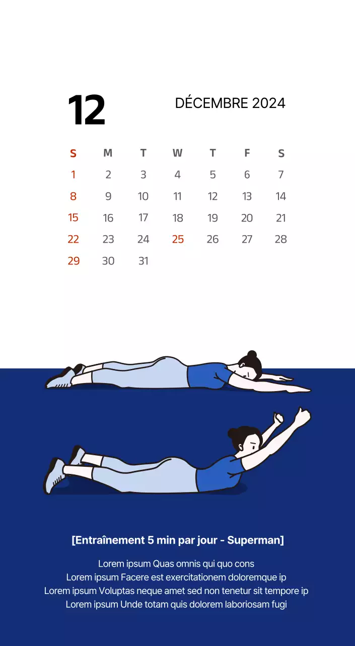 Calendrier simple avec des illustrations épurées en bleu