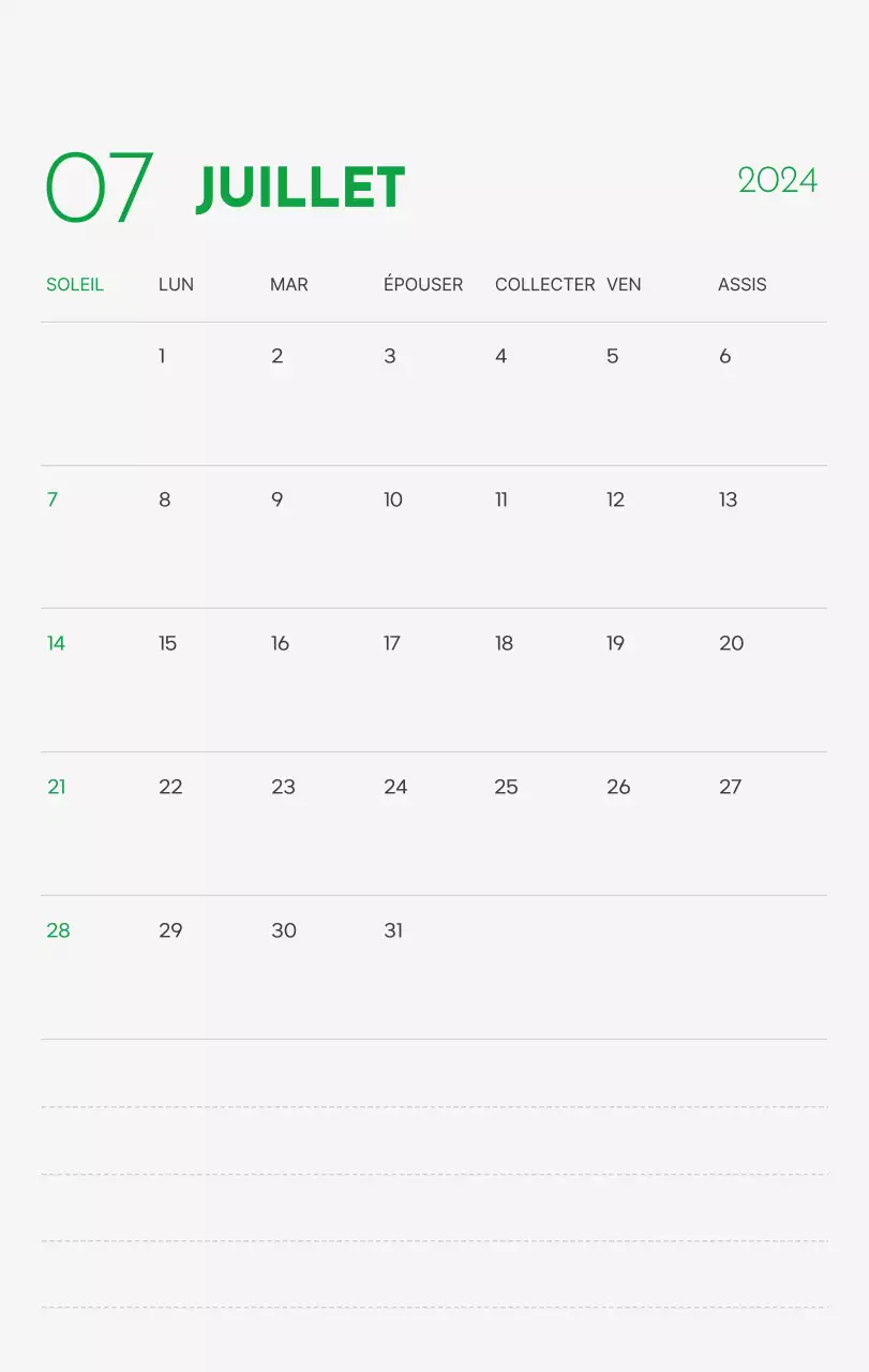 Un calendrier avec la photo d'un chiot et un message mignon aux accents verts.