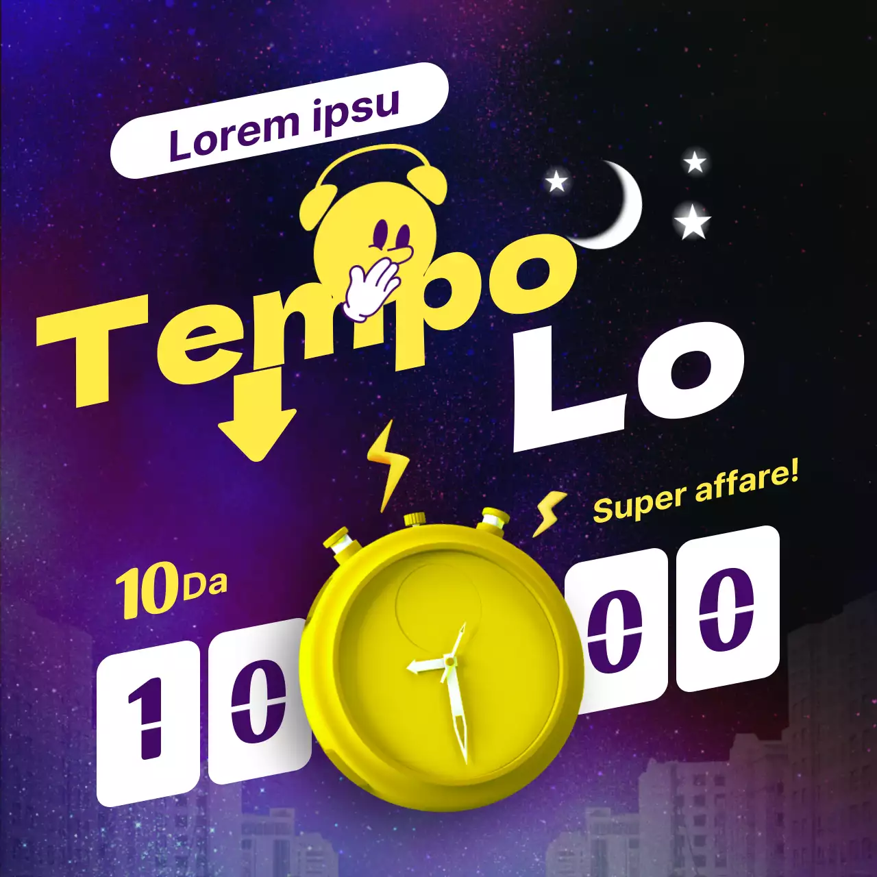 Promuovere un evento di vendita notturno giallo e viola kitsch