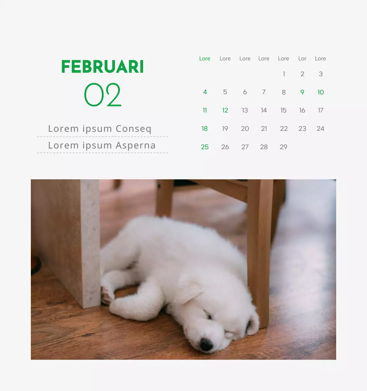 Een kalender met een afbeelding van een puppy en een schattige boodschap in groene accenten