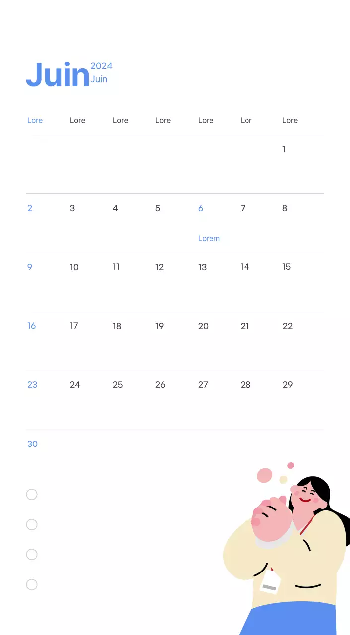 Calendrier de motivation avec des illustrations énergiques et des citations positives sur un fond bleu clair