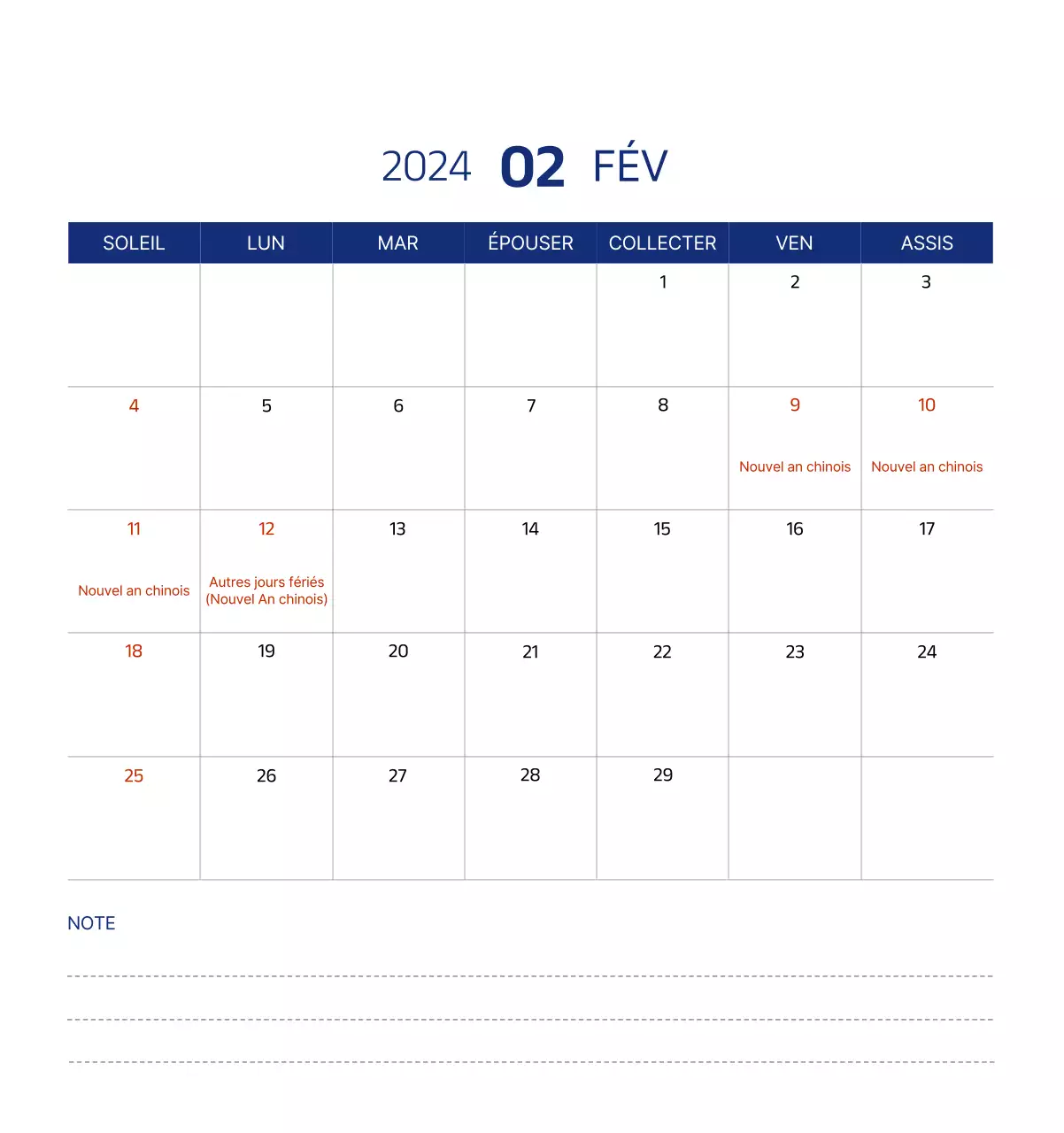 Calendrier simple avec des illustrations épurées en bleu